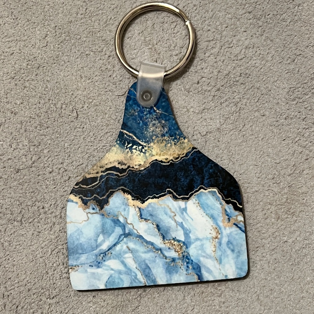Ear Tag Blue and Gold Marble Keychain